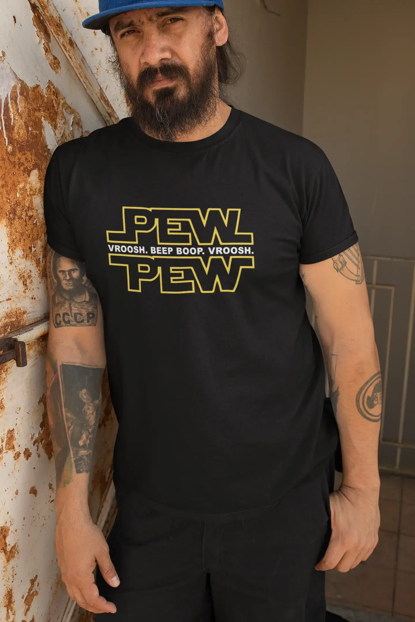 <span>Graphic</span> <span>Men's</span> Pew Pew T-Shirt <span>Citron</span> Lettre Imprimé Tee <span>Marine</span>
