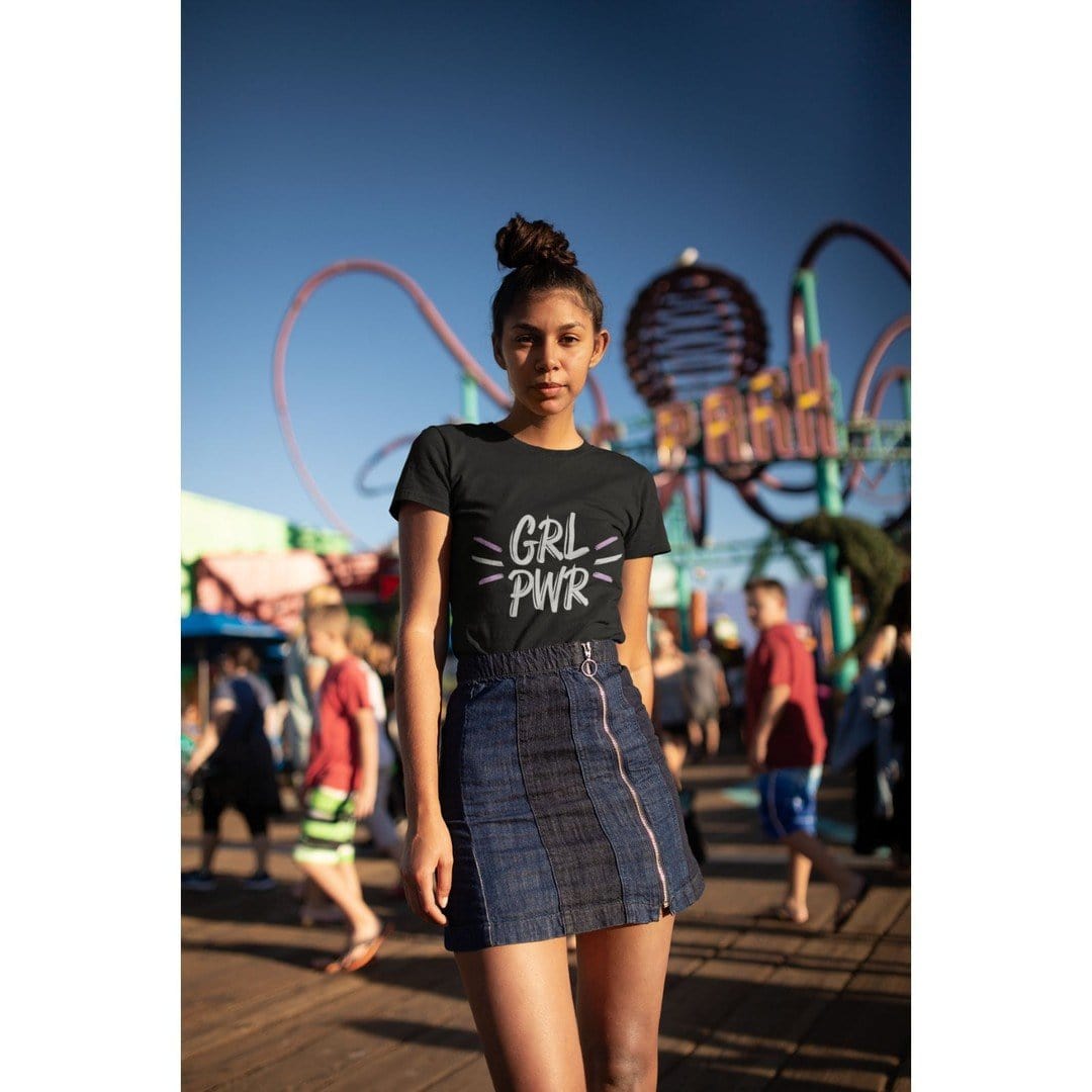 Women's Graphic T-Shirt Girl Power Brush Deep Black Round neck
