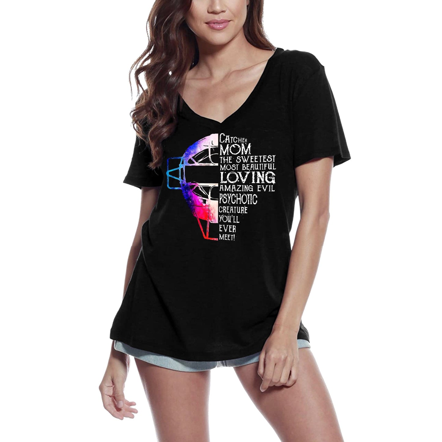 ULTRABASIC Women's V Neck T-Shirt Catcher Mom - Softball Mother Tee Shirt
