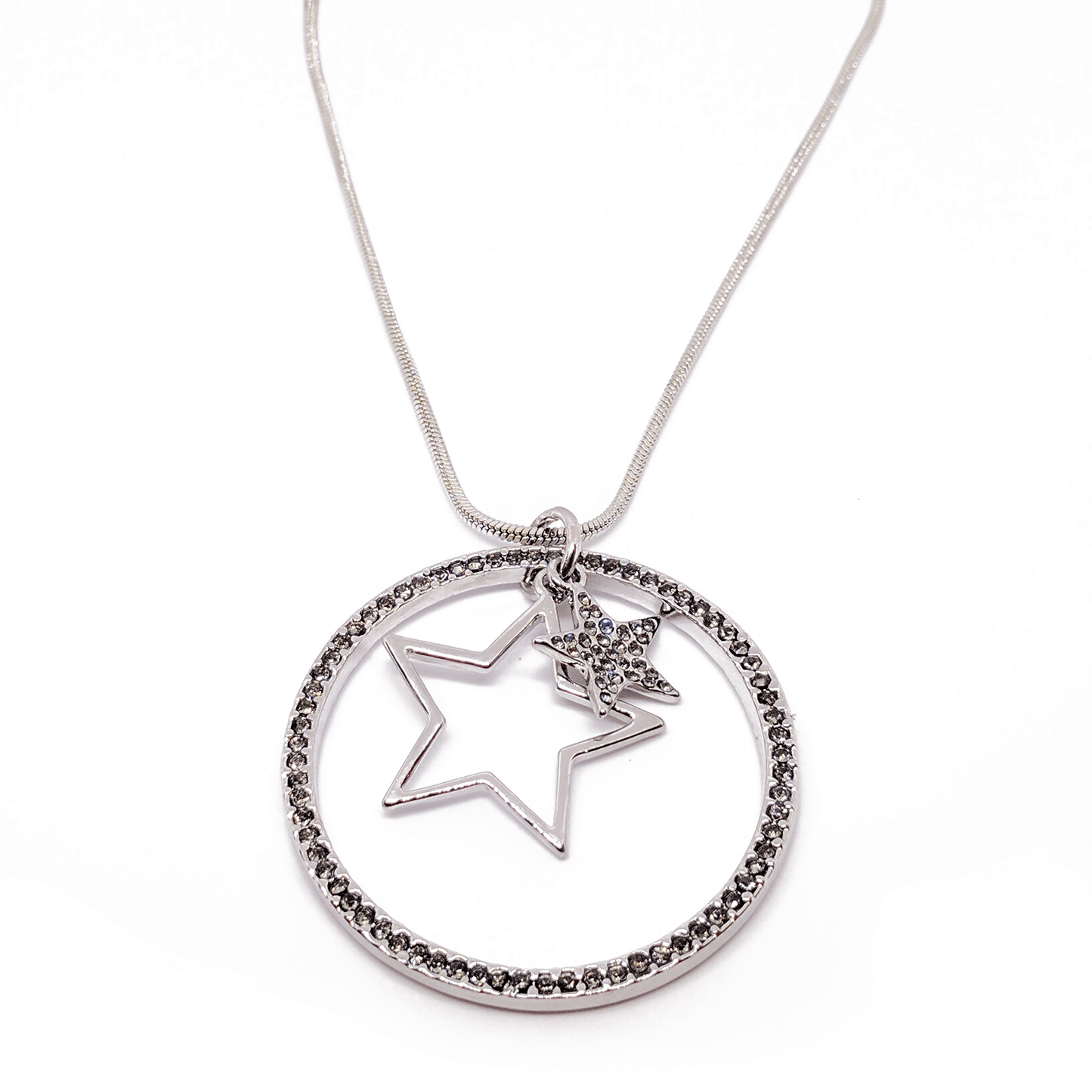 Collier sautoir chaîne couleur argent pendentifs étoiles et strass - Ultrabasic