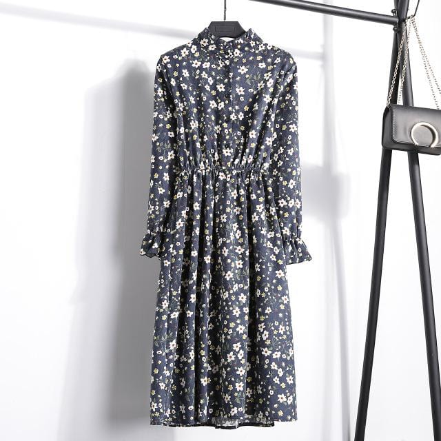 Autumn Dress Women 2019 Corduroy Plus Size Long Sleeve Cotton Dresses Floral Cherry Shirt Tunic Winter Harajuku Mori Party Dress