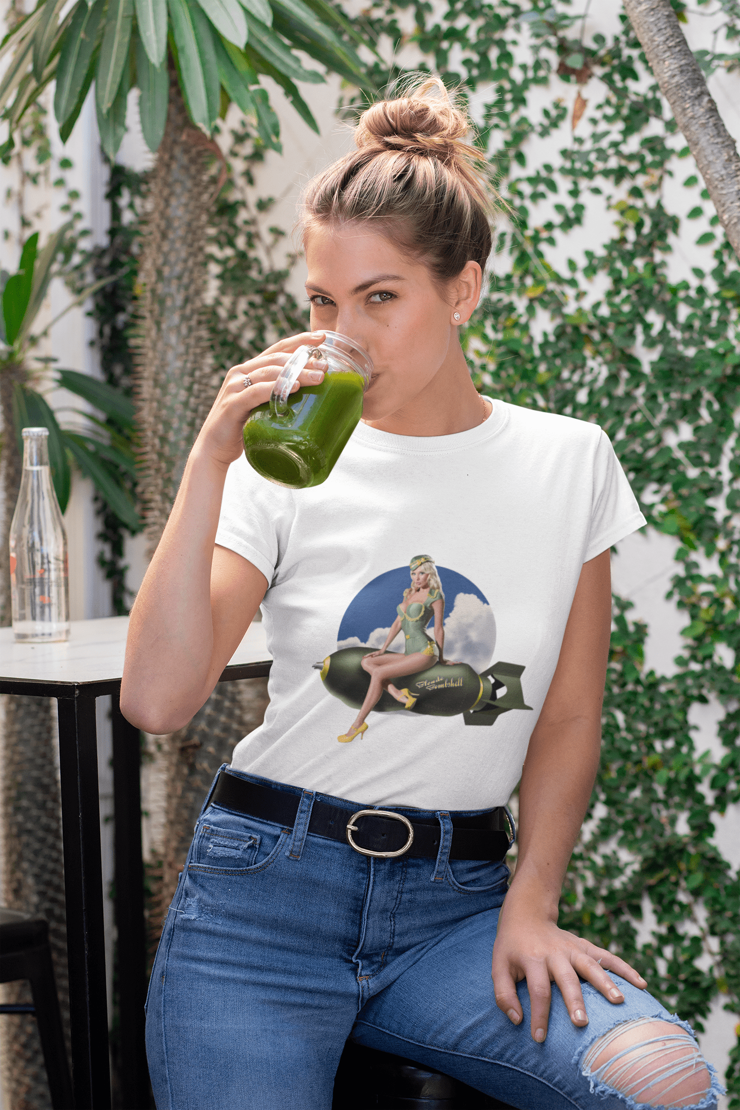 Army pin-up fly Blonde bombshell, White Women's T-shirt, 100% cotton 00212