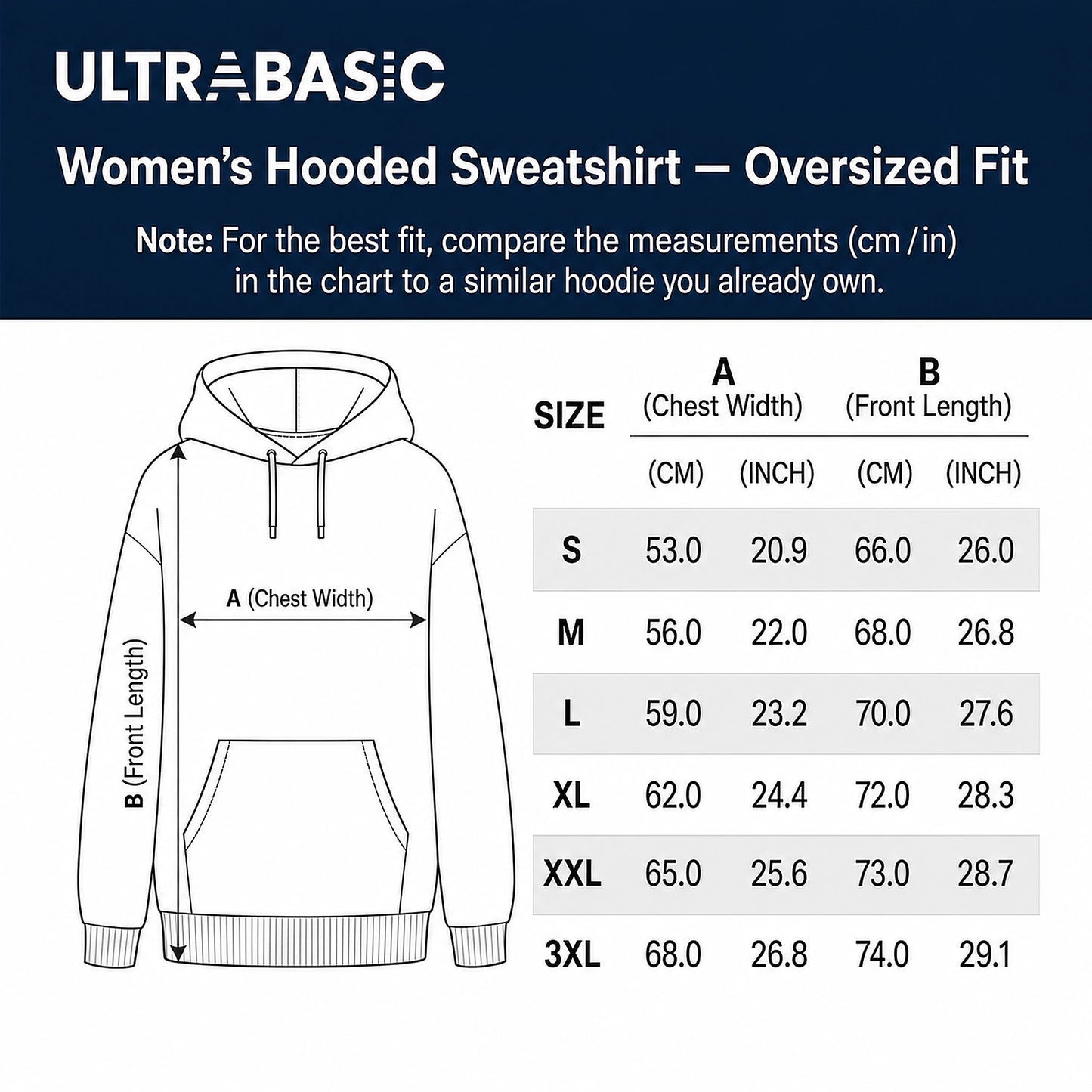 Size chart — Women's Hooded Sweatshirt — Oversized Fit (S–3XL)