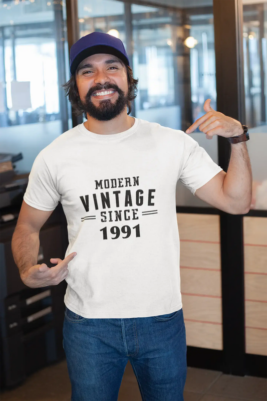 1991, Vintage Moderne, Blanc , T-shirt à manches courtes et col rond pour homme 00113