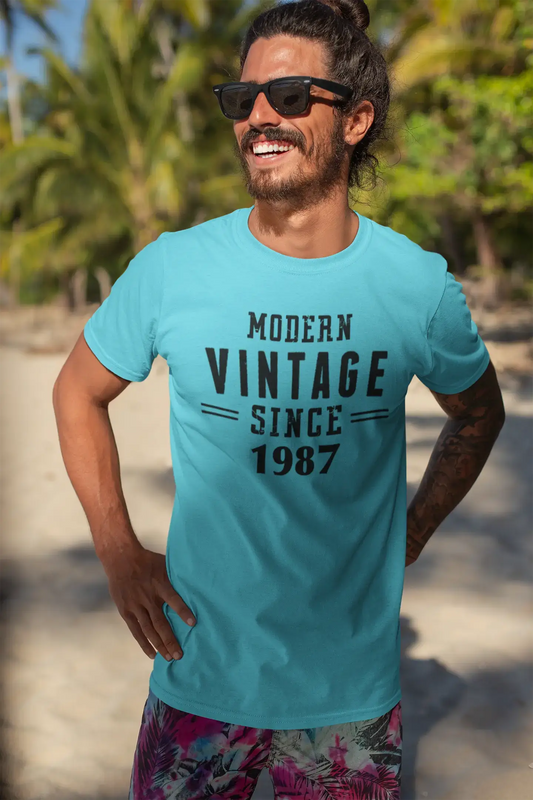1987, Modern Vintage, Blau, Herren-Kurzarm-Rundhals-T-Shirt 00107