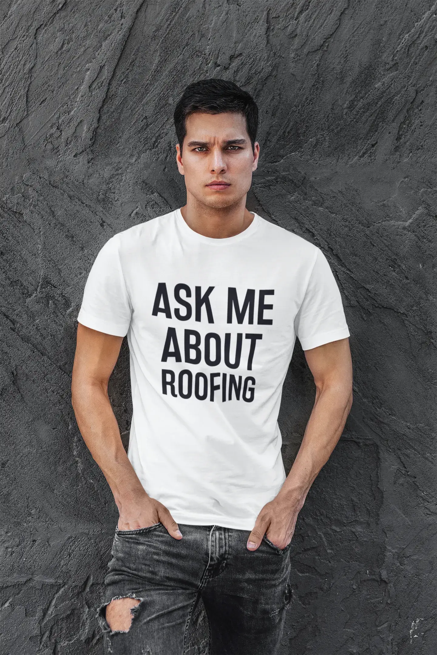 Ask me about roofing, White, Men's Short Sleeve Round Neck T-shirt 00277