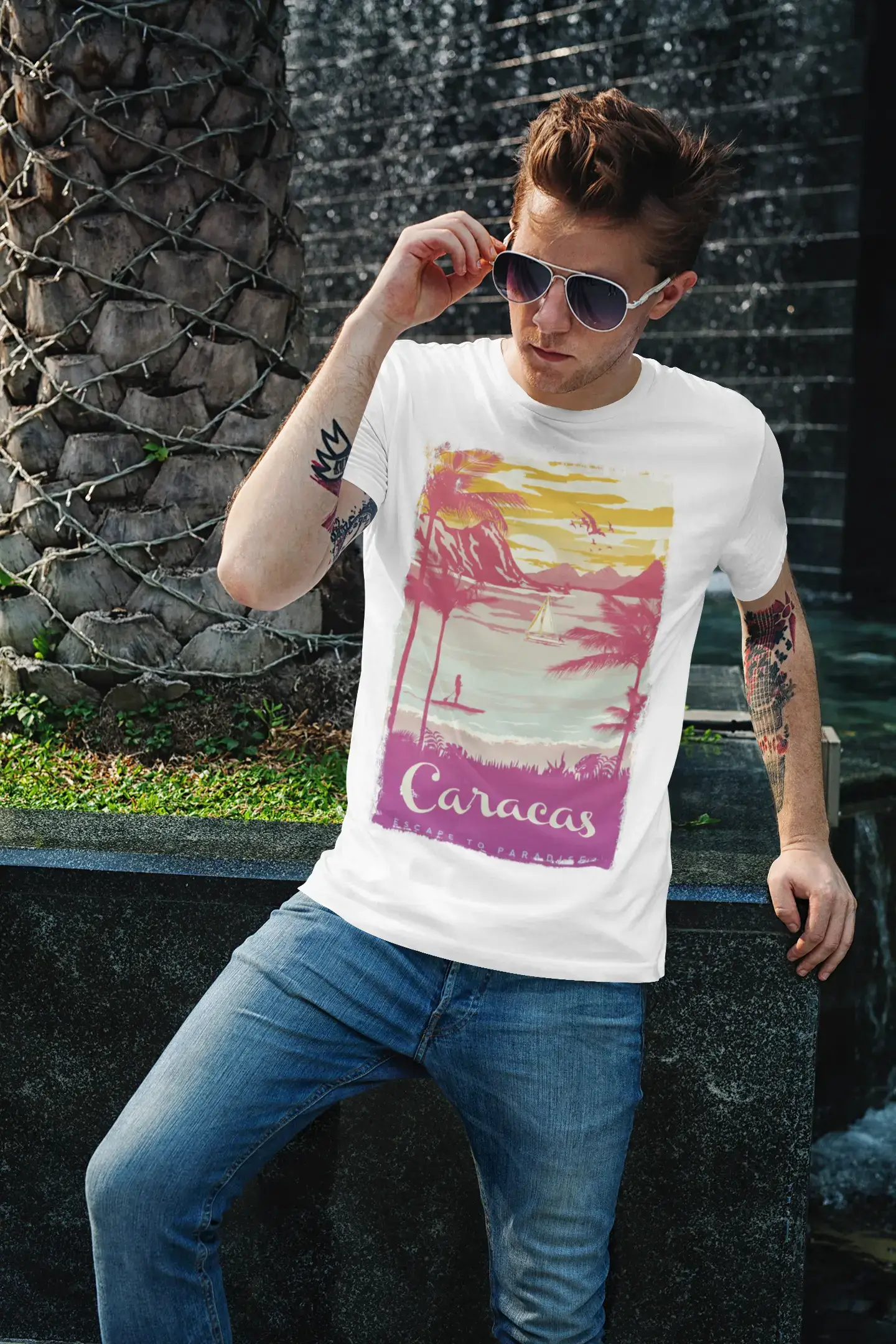 Caracas, Escape to paradise, White, Men's Short Sleeve Round Neck T-shirt 00281