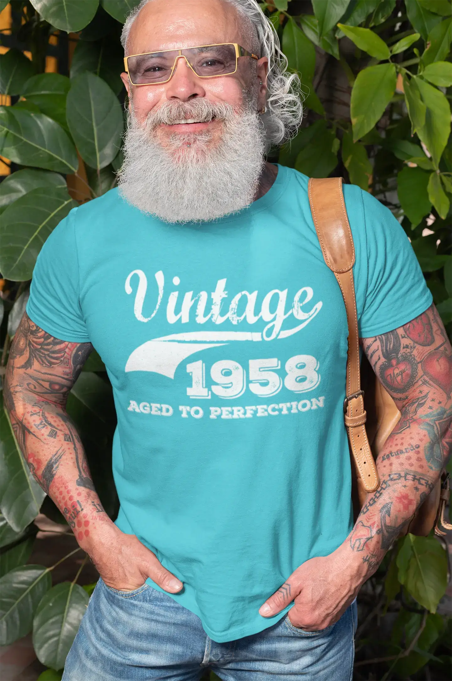 1958 Vintage Aged to Perfection, Bleu, T-shirt à manches courtes et col rond pour homme 00291