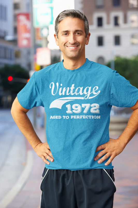 1972 Vintage Aged to Perfection, Bleu, T-shirt à manches courtes et col rond pour hommes 00291
