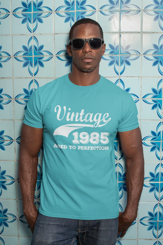 1985 Vintage Aged to Perfection, Bleu, T-shirt à manches courtes et col rond pour hommes 00291