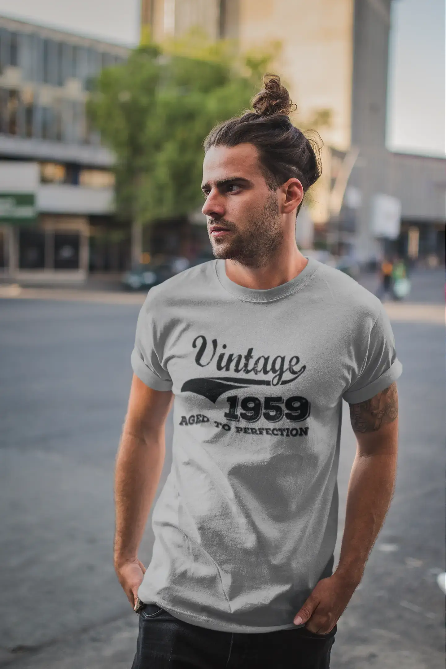 Vintage Aged to Perfection 1959, Gris, T-shirt à manches courtes et col rond pour hommes, t-shirt cadeau 00346