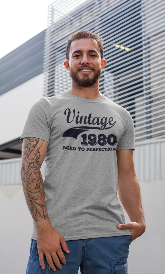 Vintage Aged to Perfection 1980, Gris, T-shirt à manches courtes et col rond pour hommes, t-shirt cadeau 00346