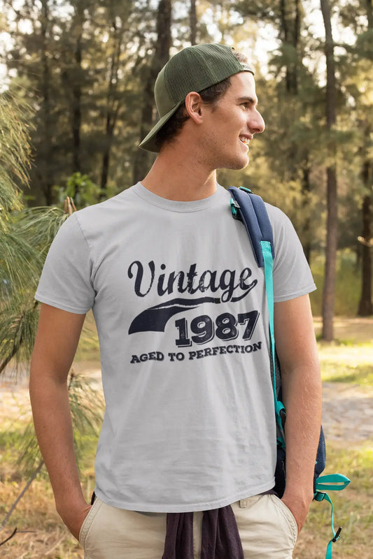 Vintage Aged to Perfection 1987, Gris, T-shirt à manches courtes et col rond pour hommes, t-shirt cadeau 00346