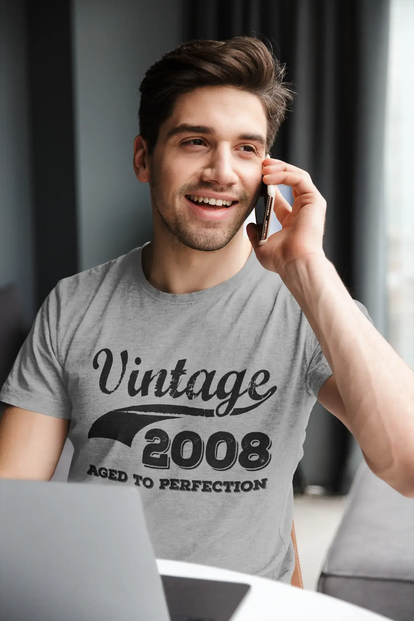 Vintage Aged to Perfection 2008, gris, T-shirt à manches courtes et col rond pour hommes, t-shirt cadeau 00346