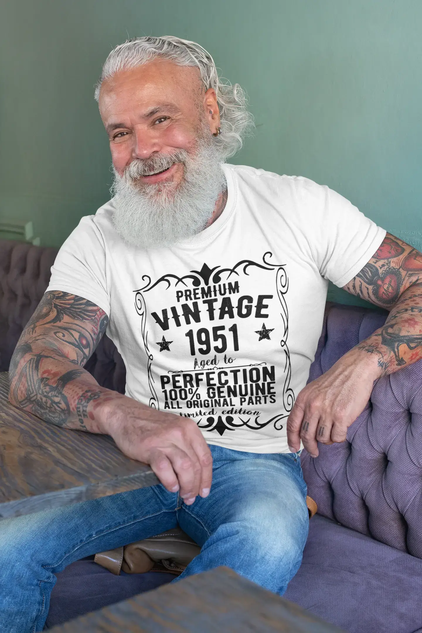Premium Vintage année 1951, blanc, T-shirt à manches courtes et col rond pour hommes, t-shirt cadeau 00349