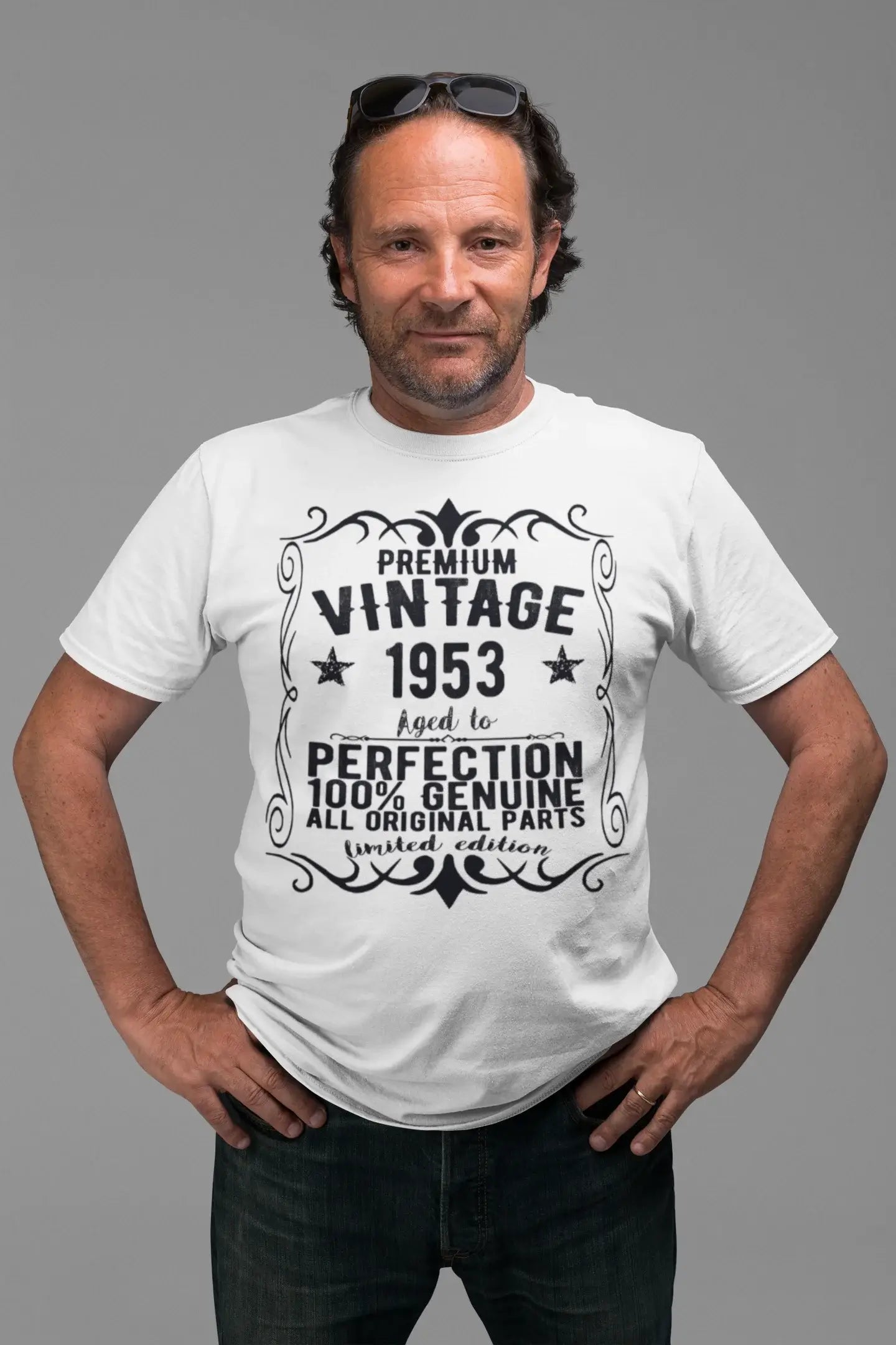Premium Vintage année 1953, blanc, T-shirt à manches courtes et col rond pour hommes, t-shirt cadeau 00349
