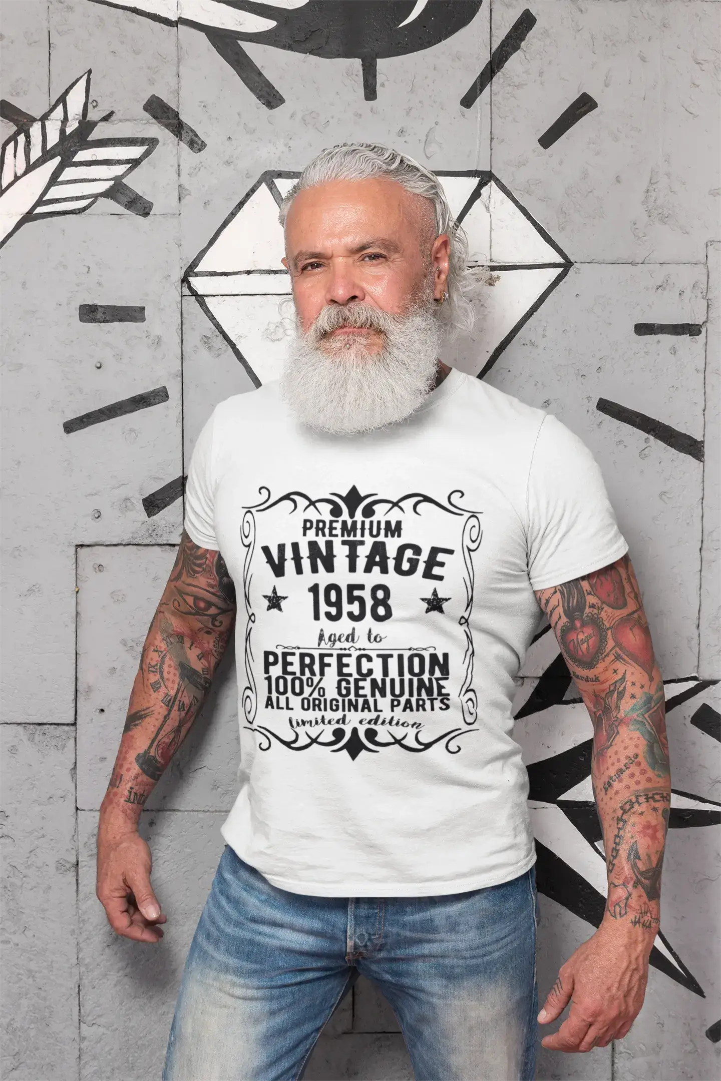 Premium Vintage Jahr 1958, Weiß, Kurzarm-Rundhals-T-Shirt für Herren, Geschenk-T-Shirt 00349