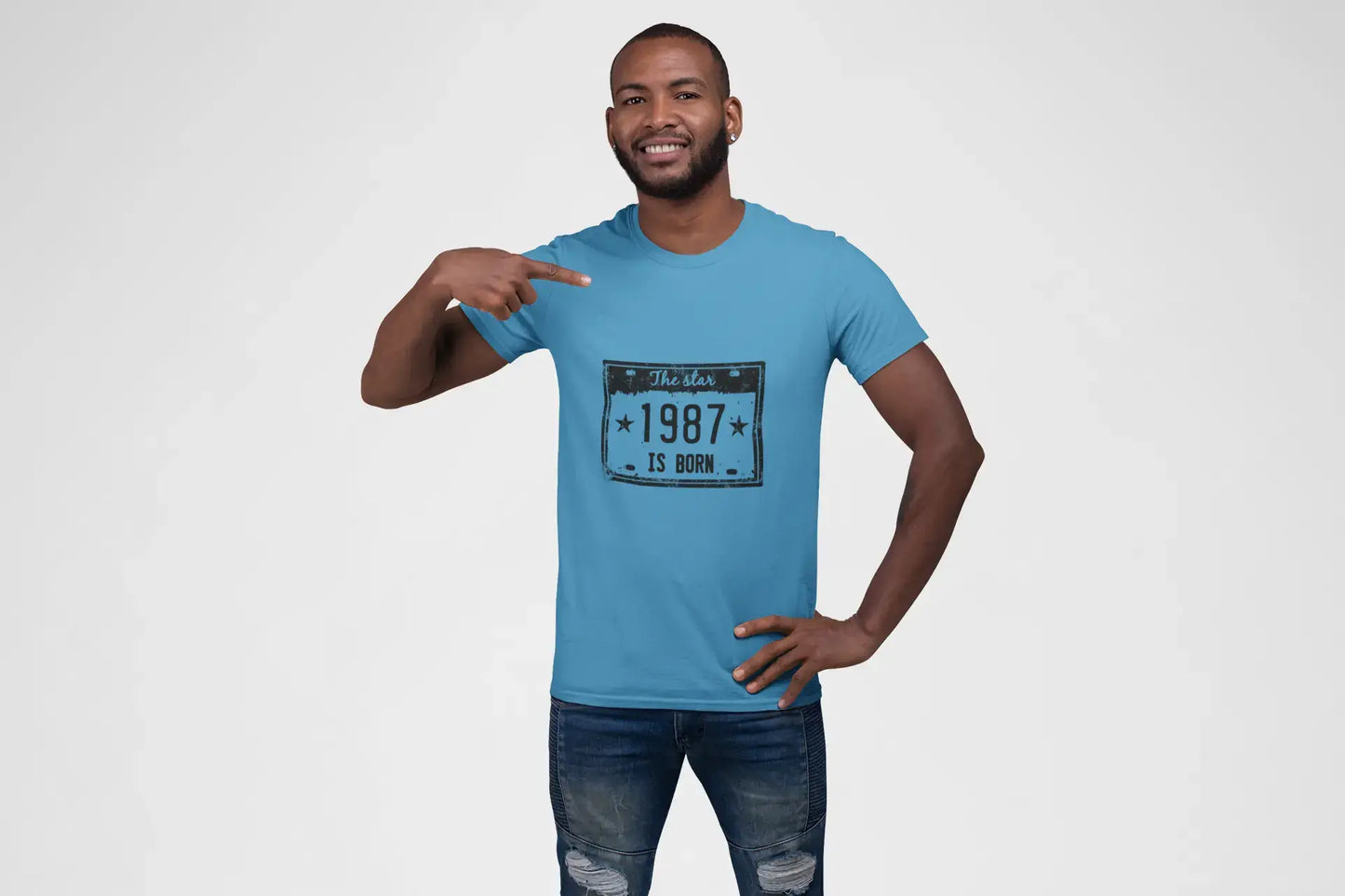 The Star 1987 is Born Men's T-shirt Blue Birthday Gift Round Neck 00455