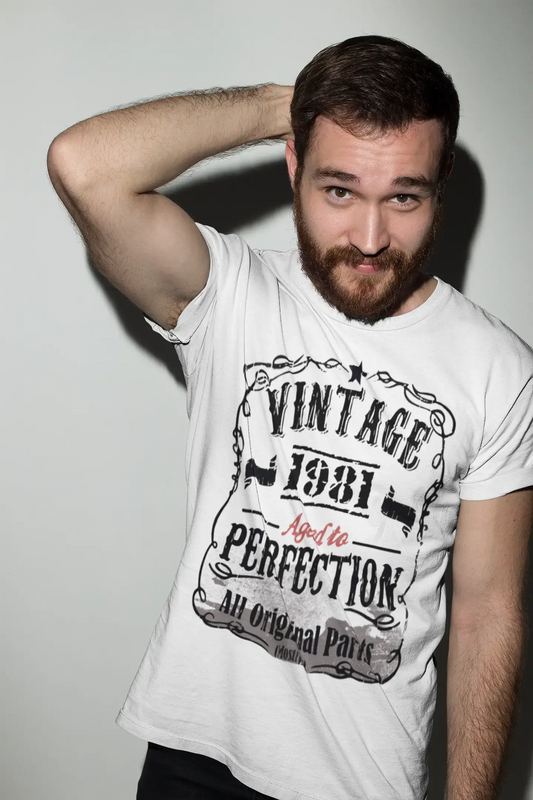 1981 Vintage Aged to Perfection T-shirt <span>homme</span> <span>blanc</span> <span>cadeau</span> <span>d'anniversaire</span> 00488