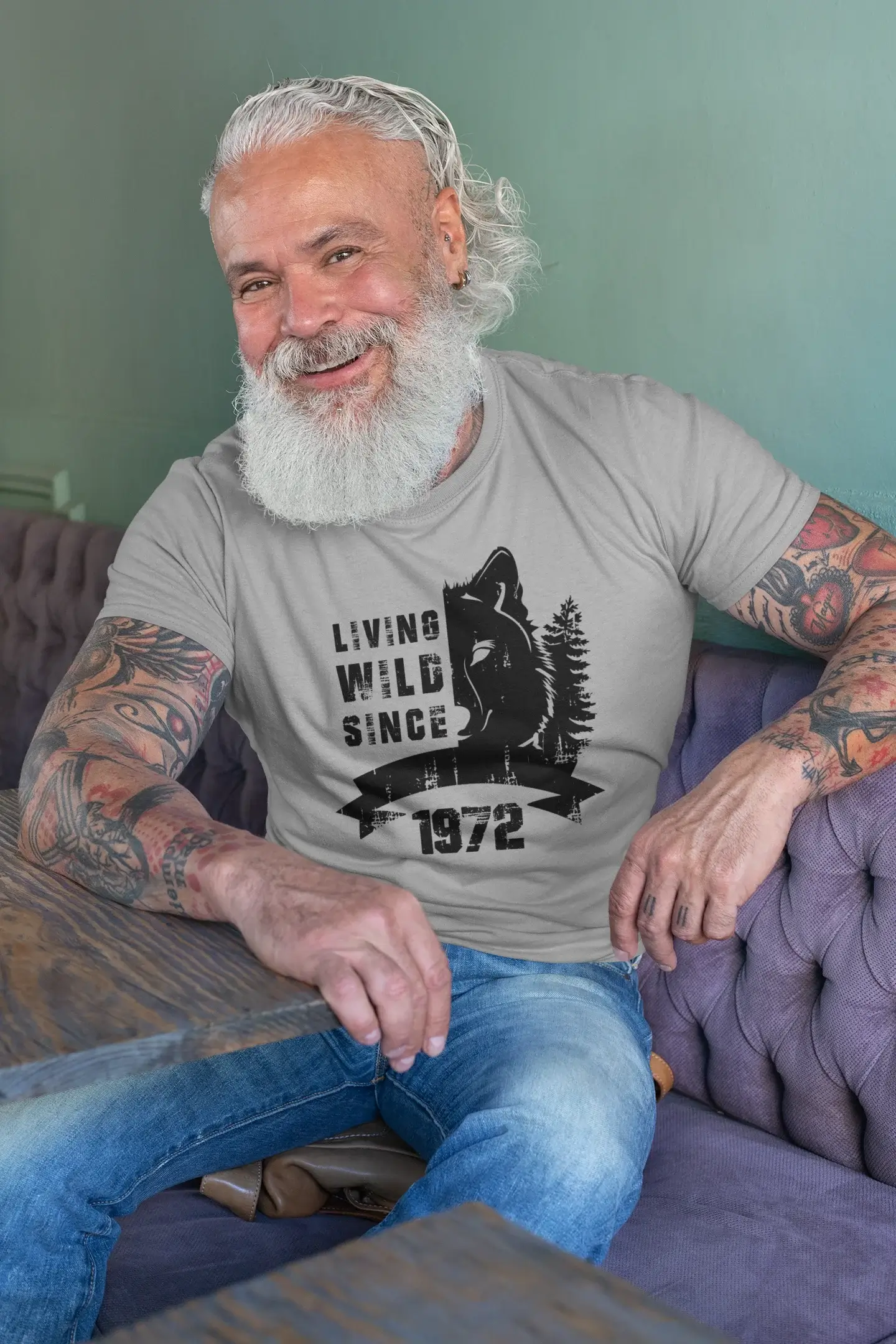1972, Living Wild Since 1972 T-shirt <span>Homme</span> <span>Gris</span> <span>Cadeau</span> <span>d'anniversaire</span> 00500