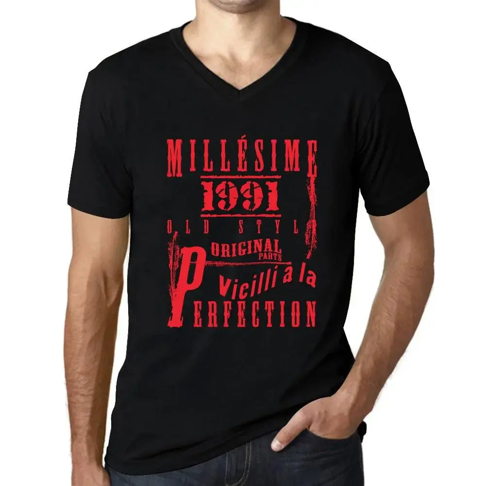 Men's Graphic T-Shirt V Neck Vintage Aged to Perfection 1991 – Millésime Vieilli à la Perfection 1991 – 33rd Birthday Anniversary 33 Year Old Gift 1991 Vintage Eco-Friendly Short Sleeve Novelty Tee