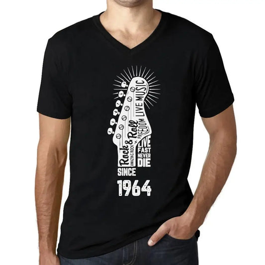 Men's Graphic T-Shirt V Neck Live Fast, Never Die Guitar and Rock & Roll Since 1964 60th Birthday Anniversary 60 Year Old Gift 1964 Vintage Eco-Friendly Short Sleeve Novelty Tee