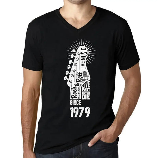 Men's Graphic T-Shirt V Neck Live Fast, Never Die Guitar and Rock & Roll Since 1979 45th Birthday Anniversary 45 Year Old Gift 1979 Vintage Eco-Friendly Short Sleeve Novelty Tee