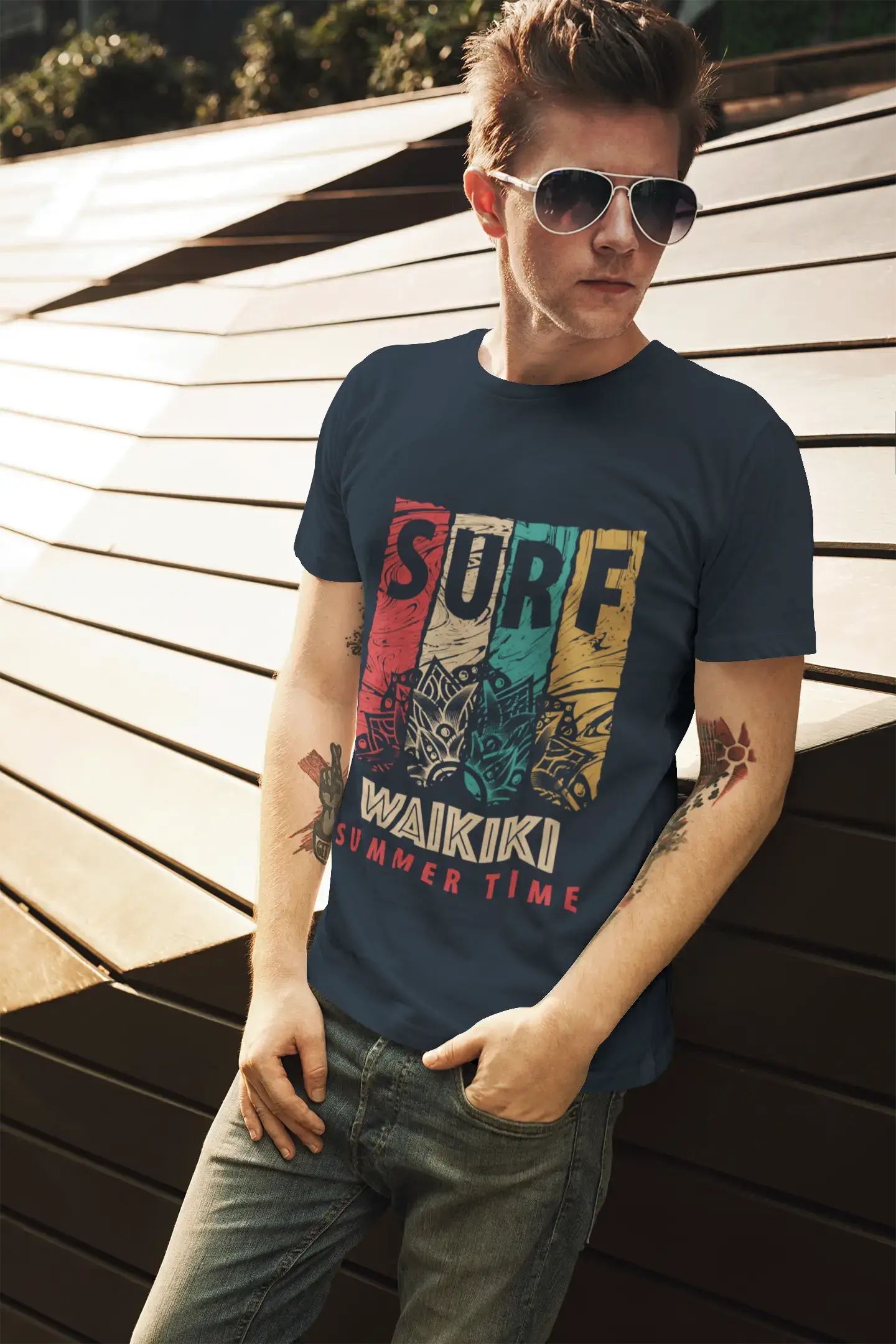Men's Graphic T-Shirt Surf Summer Time WAIKIKI Navy