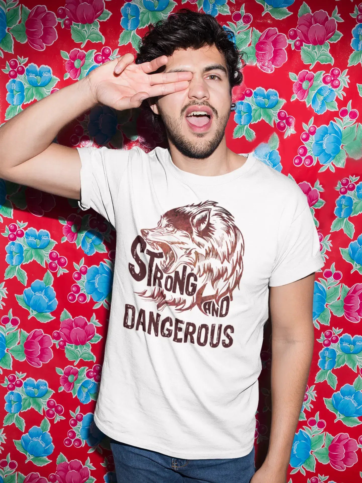 Men's Graphic T-Shirt Strong Wolf And DANGEROUS White