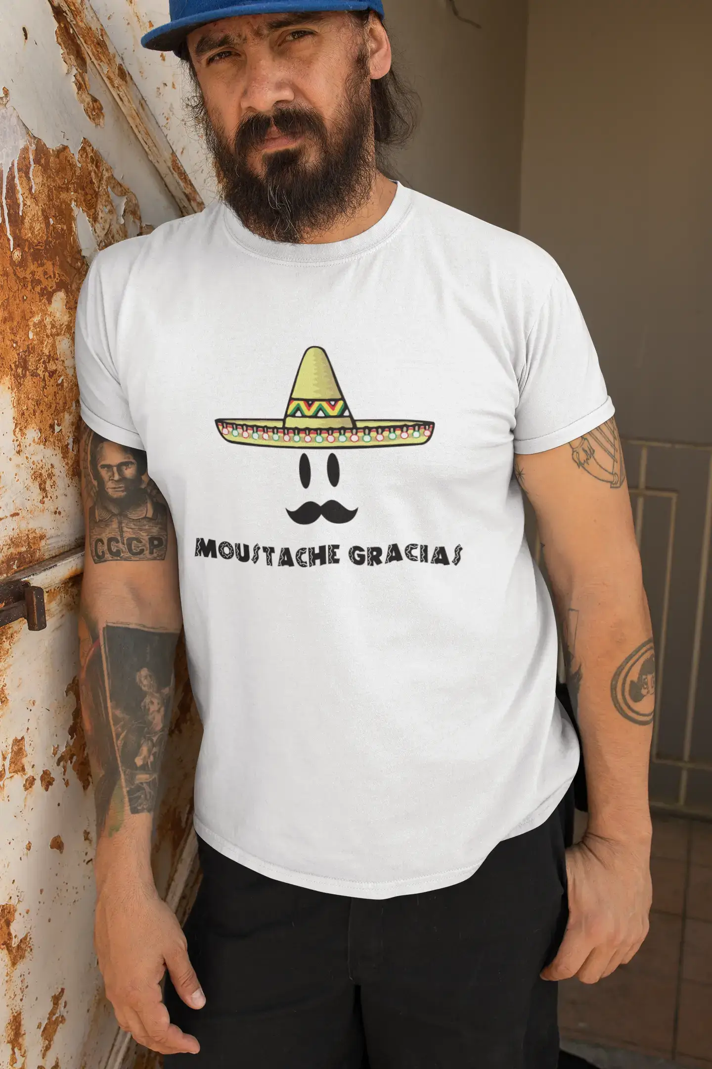 Camiseta Para Hombre Moustache Gracias Impreso Letras