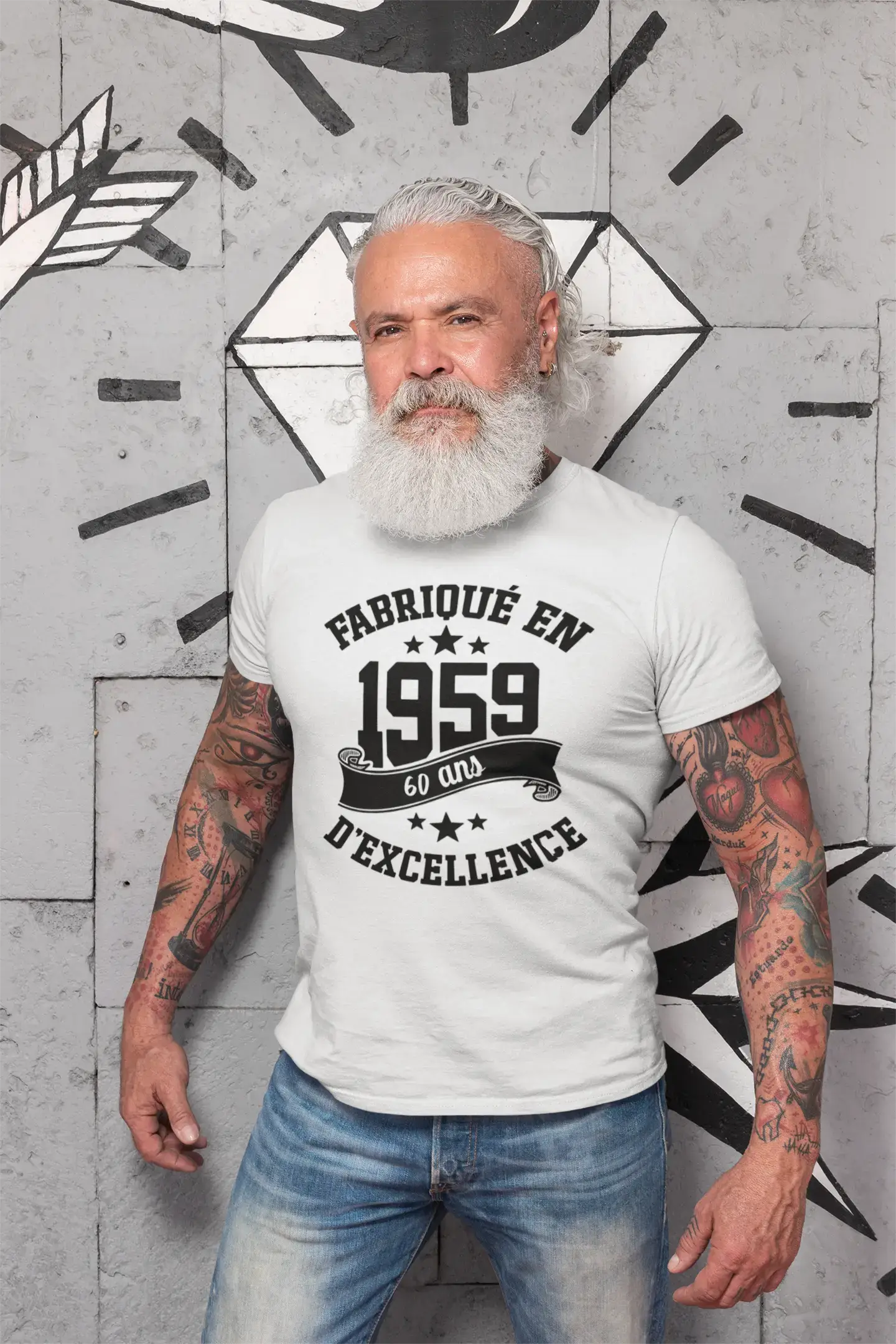 ULTRABASIC – Hergestellt im Jahr 1959, 60 Jahre alt. Geniales Unisex-T-Shirt aus weißem Chiné