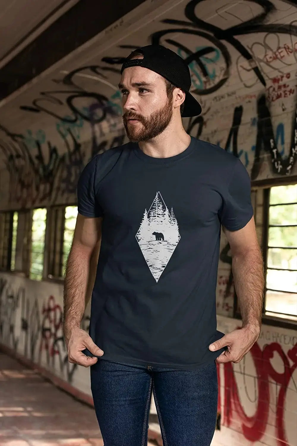 ULTRABASIC - Graphic Printed Men's Forest Bear T-Shirt Navy