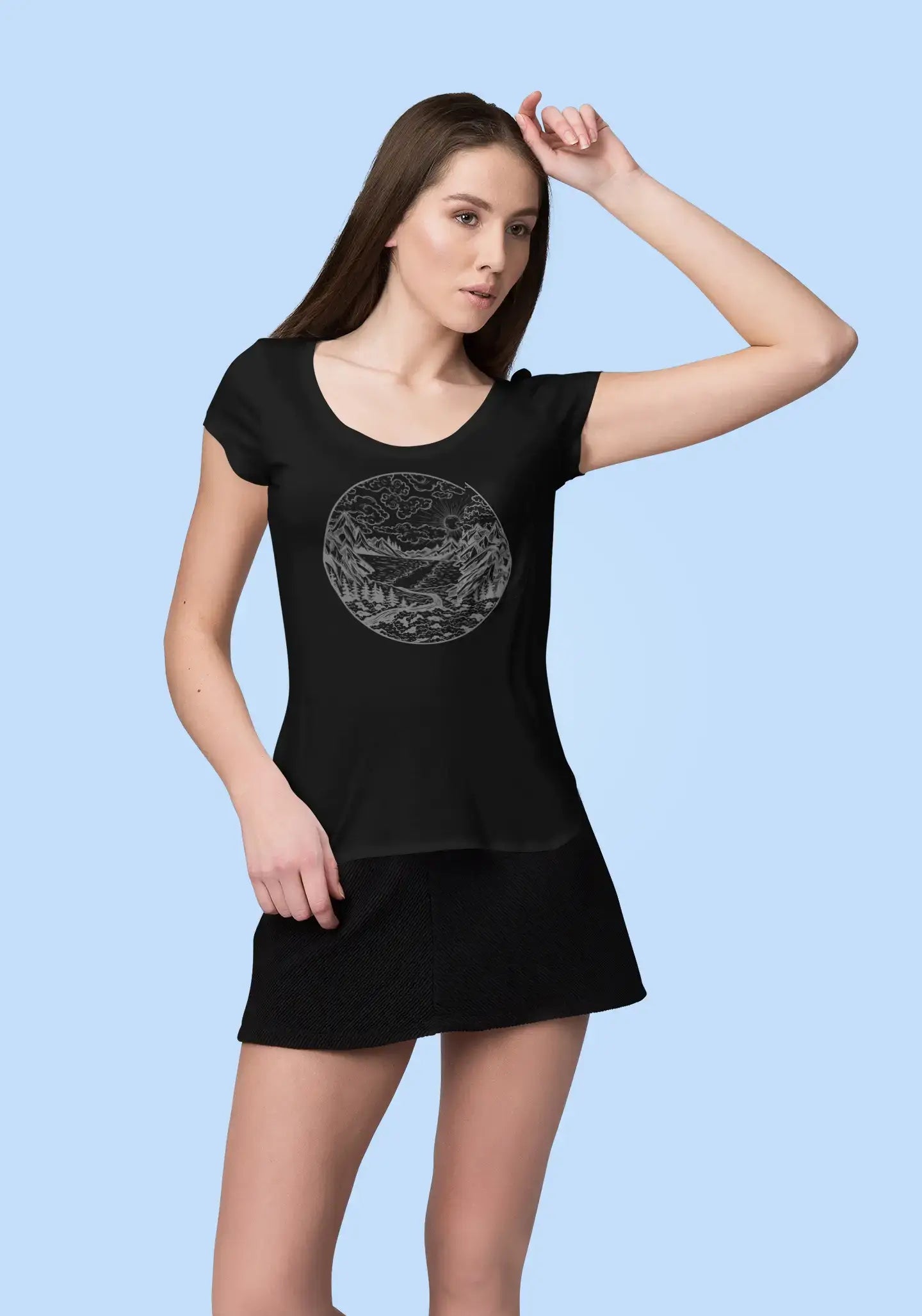 ULTRABASIC - Graphic Printed Women's River Mountain and Forest T-Shirt Deep Black