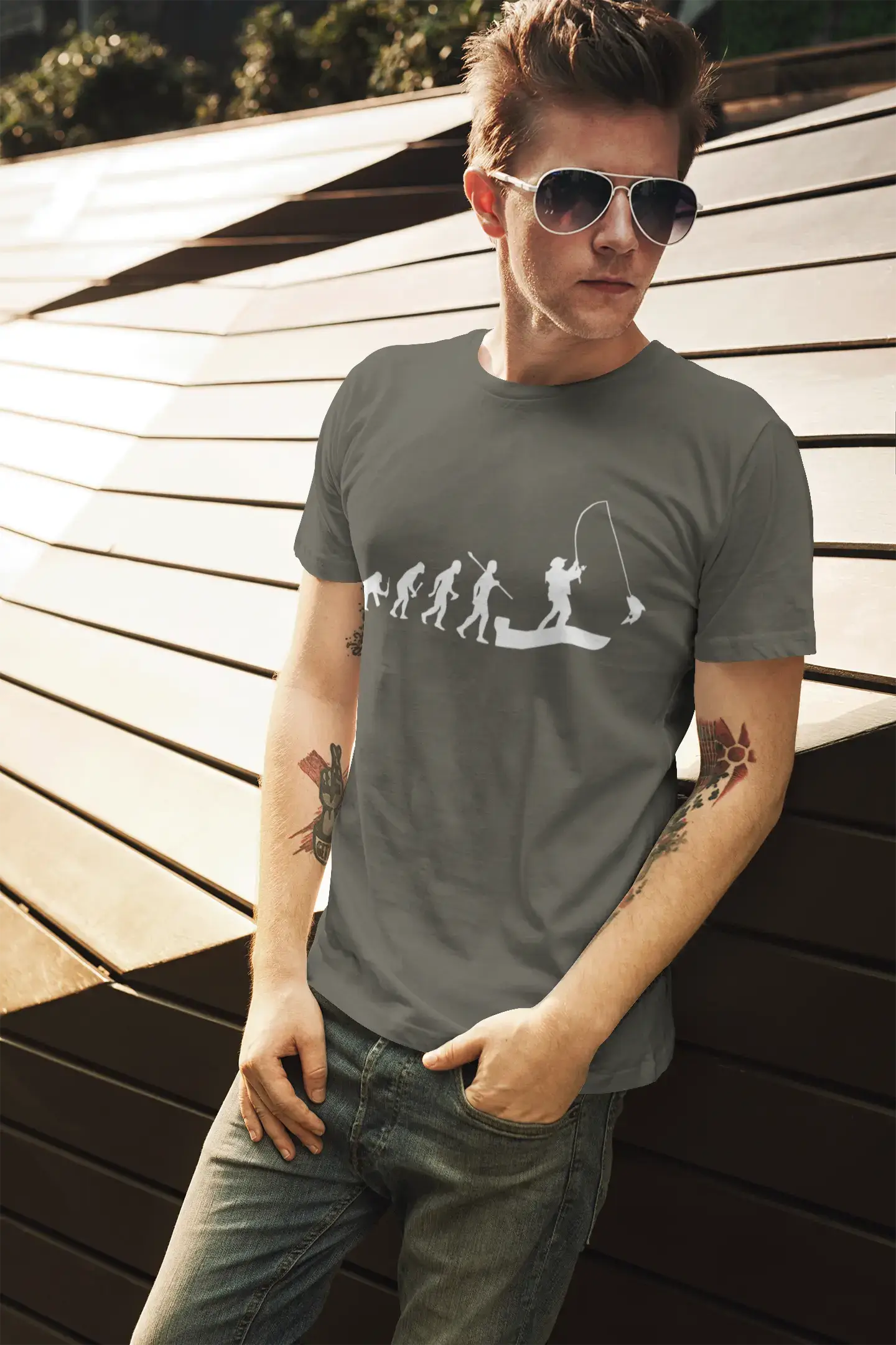 ULTRABASIC - Graphic Printed Men's Evolution of the Fishing Boat T-Shirt Grey Marl