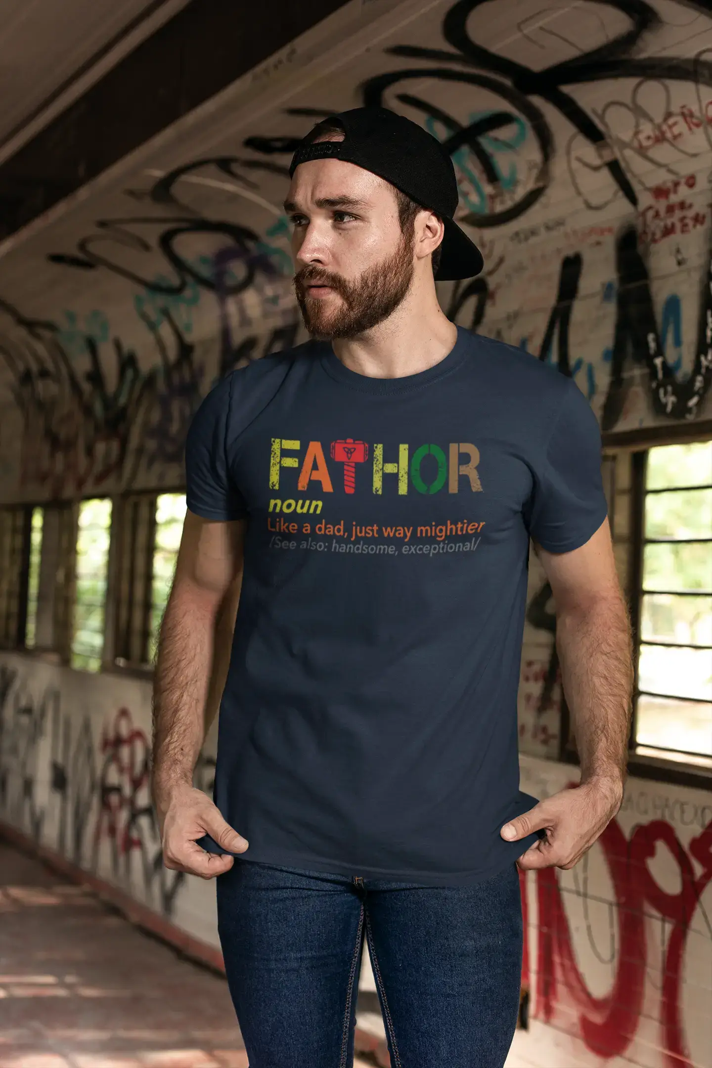 ULTRABASIC - Graphic Men's Fa-Thor Like Dad Just Way Mightier Shirt Printed Letters Navy