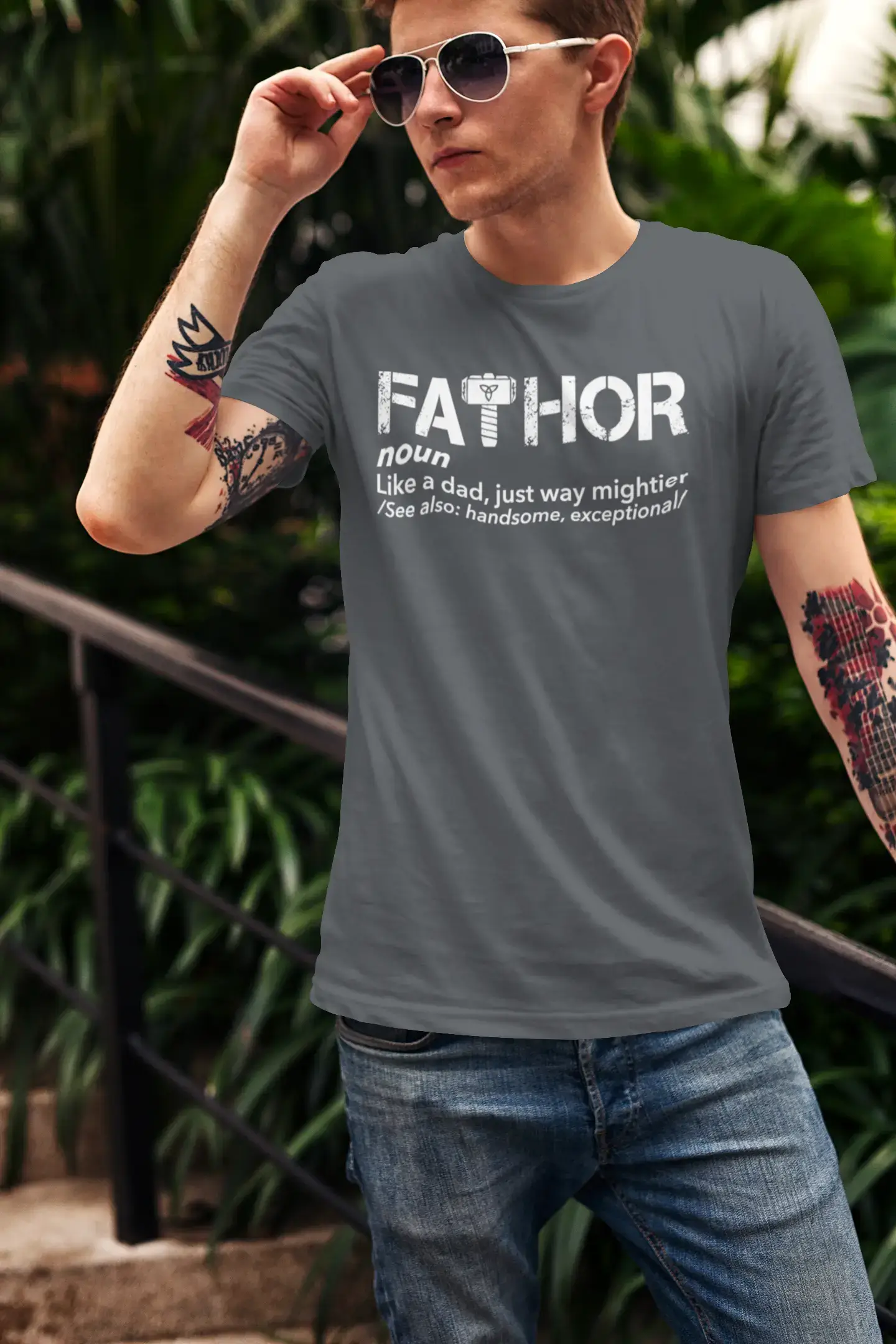 ULTRABASIC - Graphic Men's Fa-Thor Like Dad Just Way Mightier Shirt Printed Letters Grey Marl