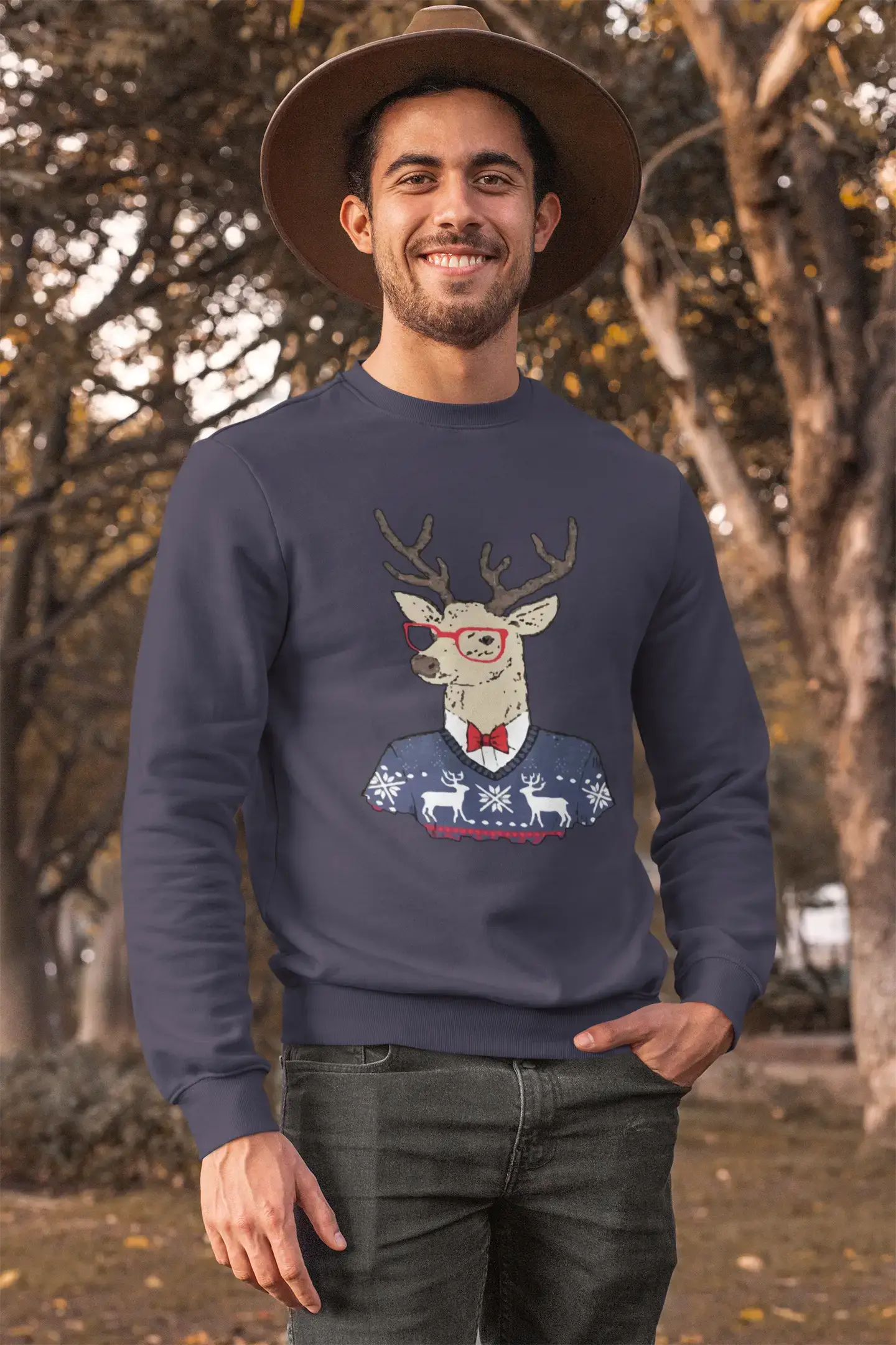 ULTRABASIC - Men's Printed Graphic Sweatshirt Christmas Deer Grey Marl