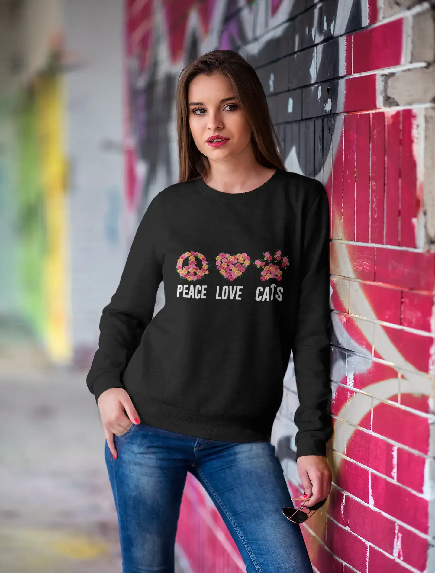 ULTRABASIC Women's Sweatshirt Peace Love Cats - Love Cat Paws - Cute Sully