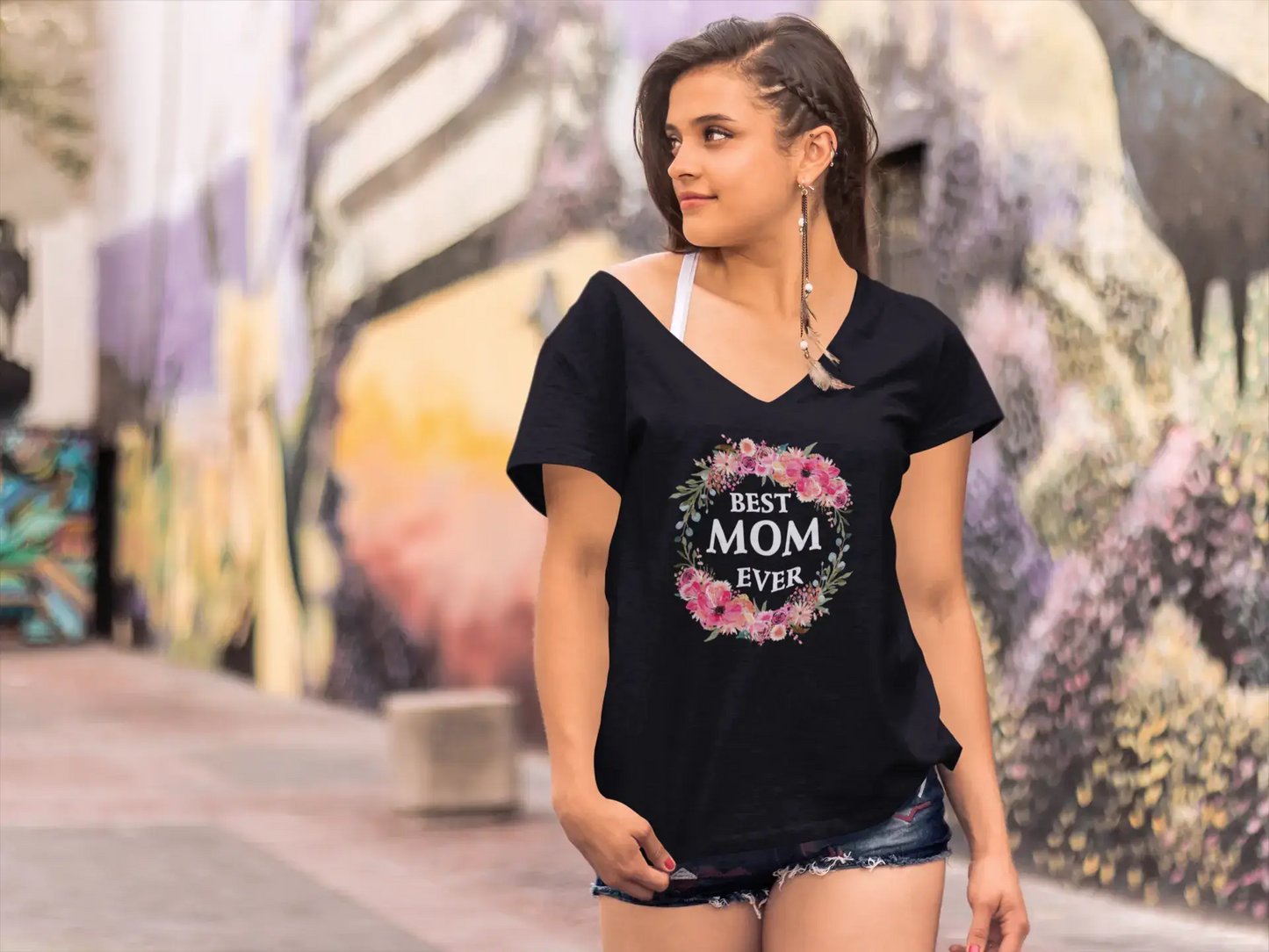 ULTRABASIC T-shirt col en V pour femme Best Mom Ever – T-shirt drôle pour femme