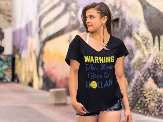 ULTRABASIC Damen-T-Shirt mit V-Ausschnitt „This Mom Likes To Holla“ – Lustiges Mama-Zitat