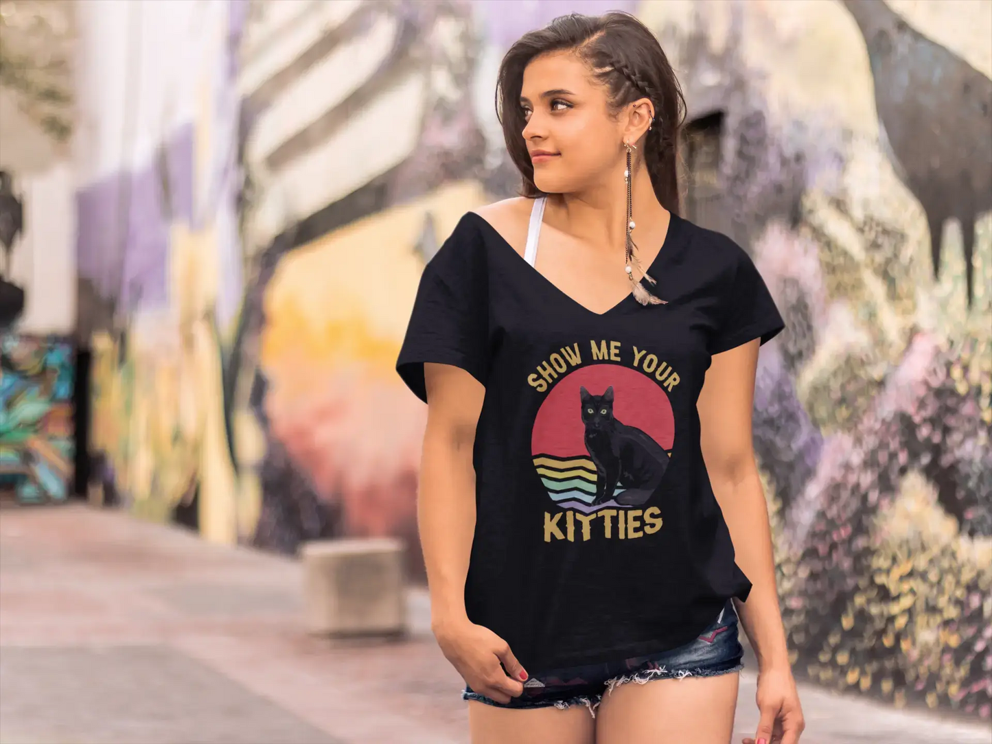 ULTRABASIC Women's T-Shirt Show Me Your Kitties - Retro Cat Sunset