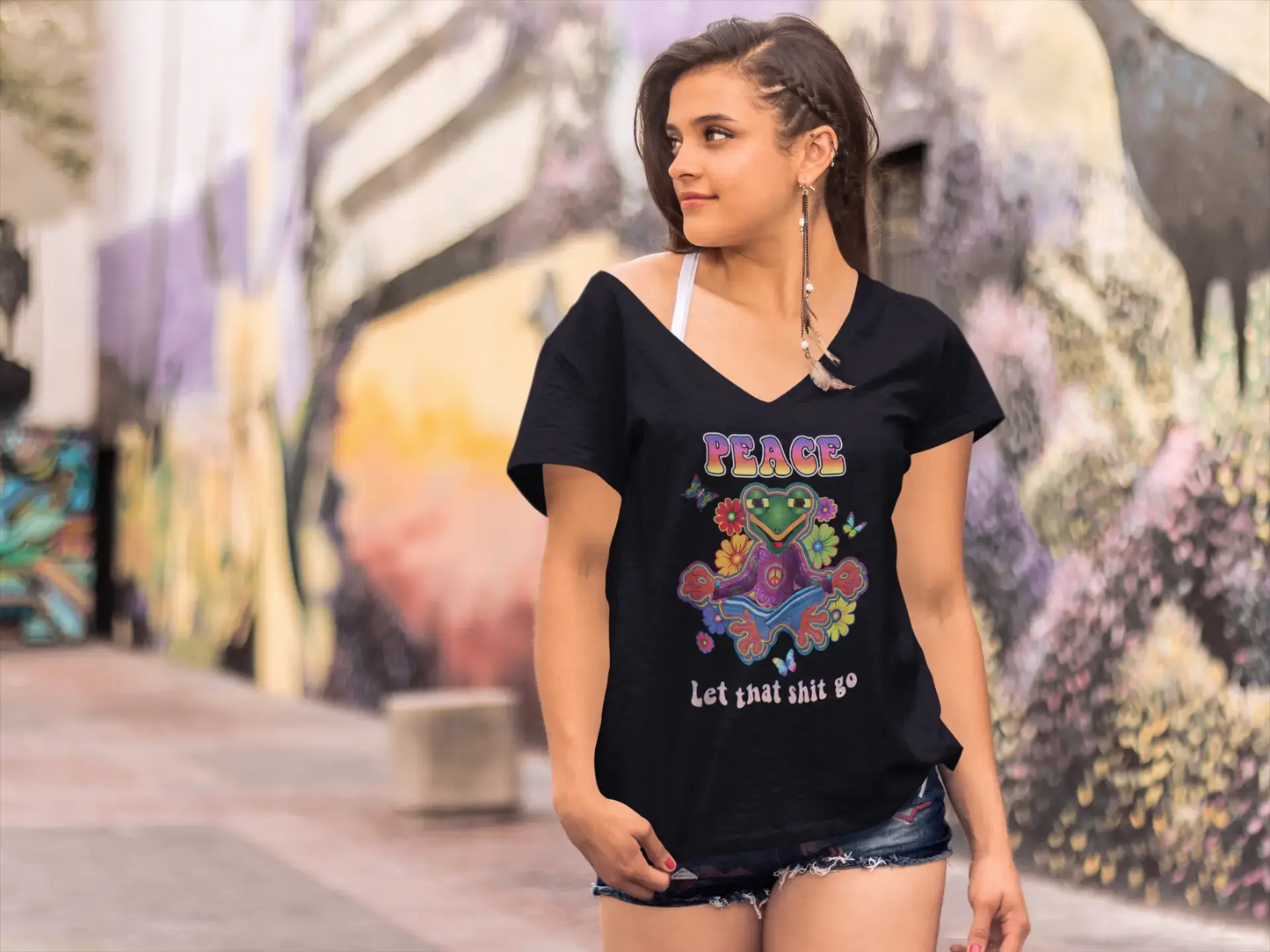 ULTRABASIC Damen-T-Shirt mit V-Ausschnitt, Buddha-Frosch-Frieden – Let That Shit Go – spirituelles Yoga-Geschenk-T-Shirt