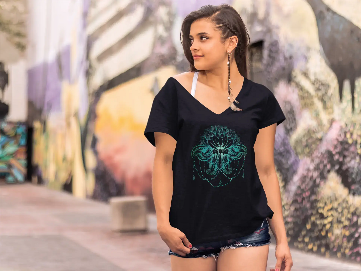 ULTRABASIC Damen V-Ausschnitt T-Shirt Lotusblume Bohemian – Spirituelle Meditation Yoga Geschenk T-Shirt