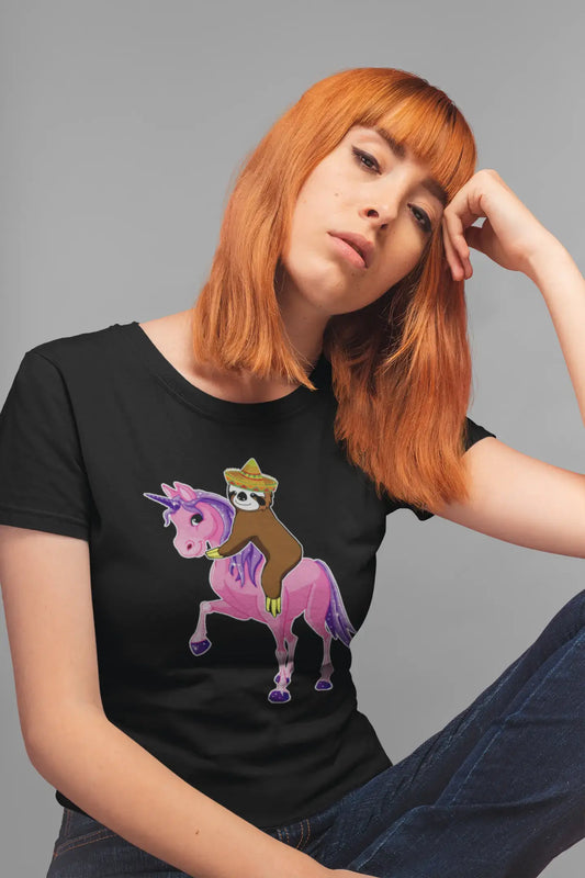 ULTRABASIC Women's Organic T-Shirt Sloth Rides Unicorn - Funny Tequila Tee Shirt