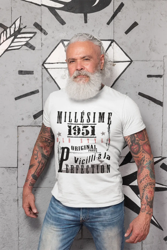 1951, Geburtstagsgeschenke für ihn, Geburtstags-T-Shirts, Herren-Kurzarm-Rundhals-T-Shirt, FR Vintage White Herren 00135