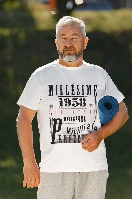 1958, Geburtstagsgeschenke für ihn, Geburtstags-T-Shirts, Herren-Kurzarm-Rundhals-T-Shirt, FR Vintage White Herren 00135