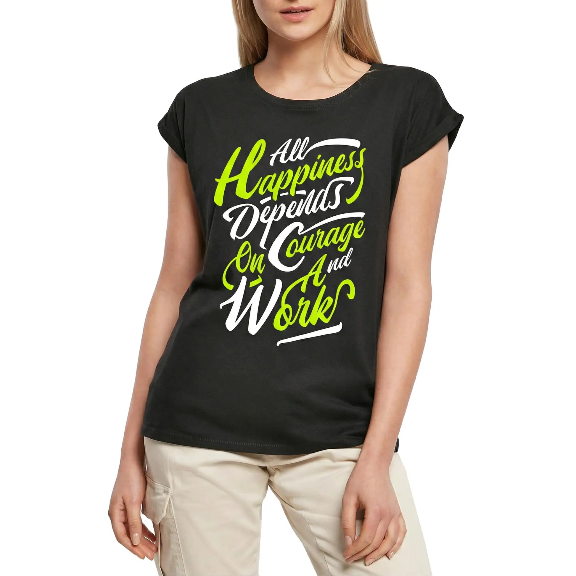Women's Graphic T-Shirt Happiness Depends On Courage And Work Ladies Limited Edition Short Sleeve Tee-Shirt Vintage Birthday Gift Novelty