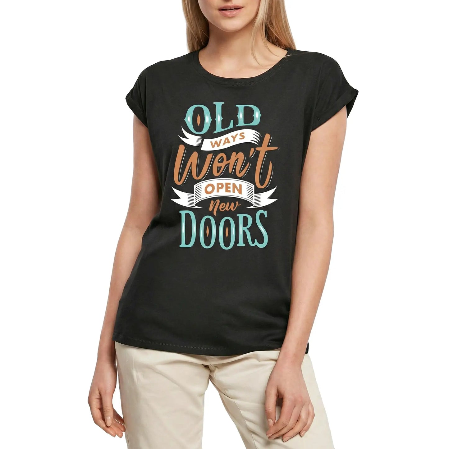 Women's Graphic T-Shirt Old Ways Won T Open New Doors Ladies Limited Edition Short Sleeve Tee-Shirt Vintage Birthday Gift Novelty