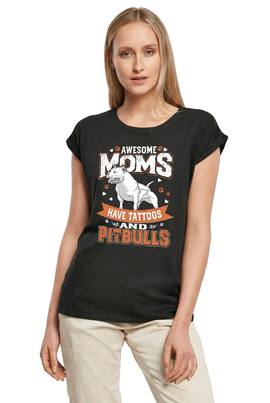 Women's Graphic T-Shirt Awesome Moms Have Tattoos and Pitbulls Ladies Limited Edition Short Sleeve Tee-Shirt Vintage Birthday Gift Novelty