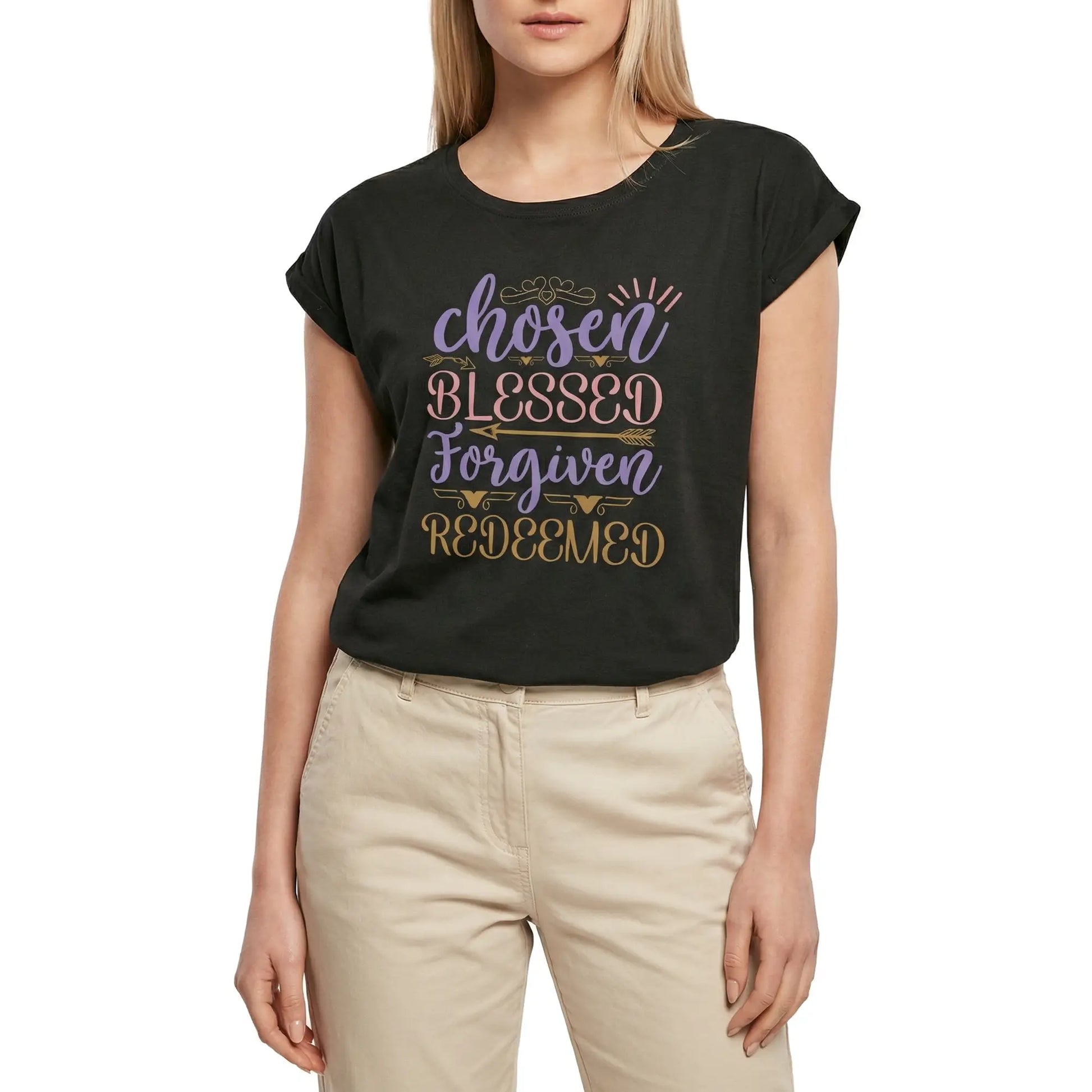 Women's Graphic T-Shirt Chosen Blessed Forgiven Redeemed Ladies Limited Edition Short Sleeve Tee-Shirt Vintage Birthday Gift Novelty